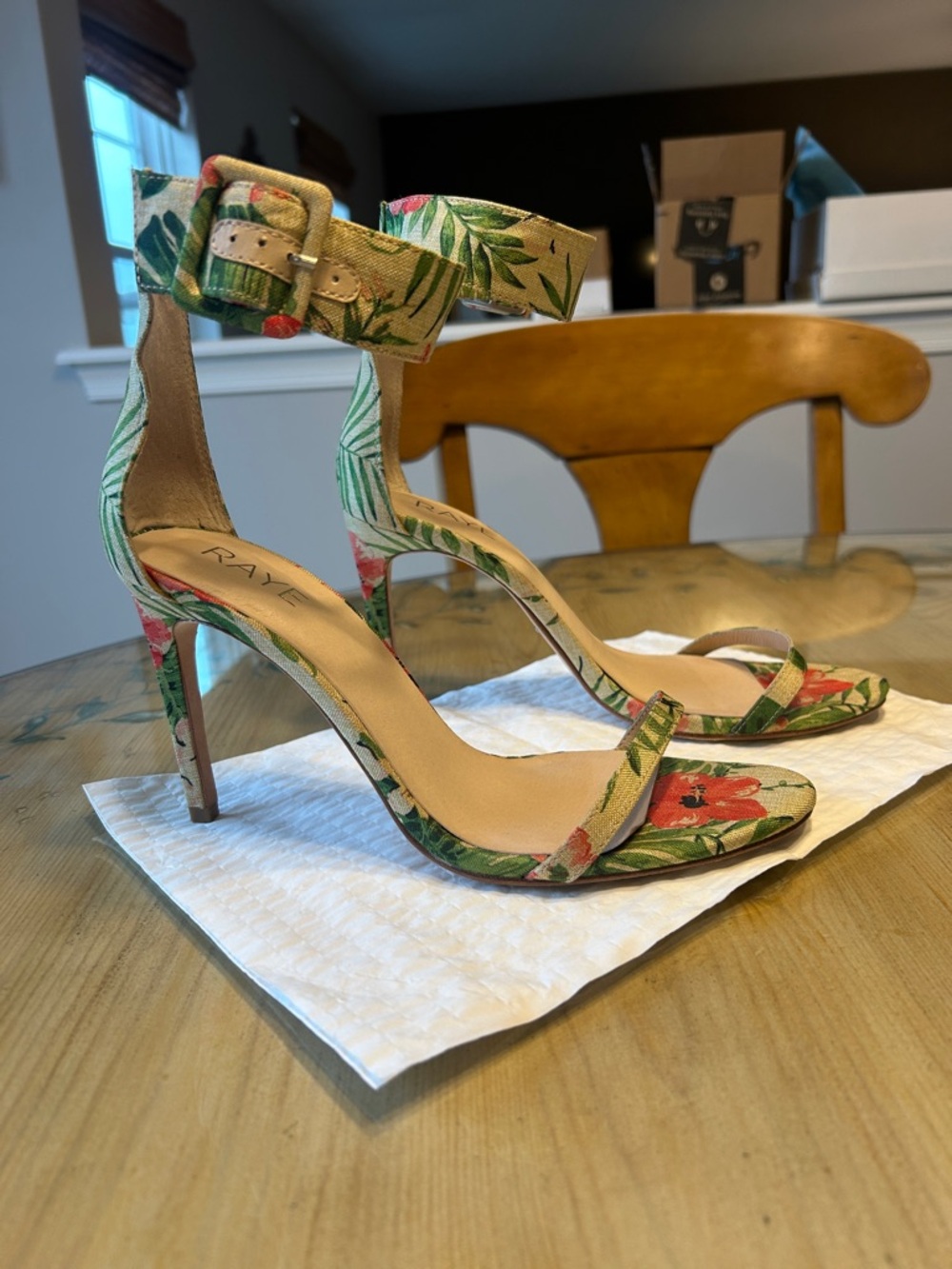 RAYE Tropical Floral Ankle-Strap Stiletto in Green and Red